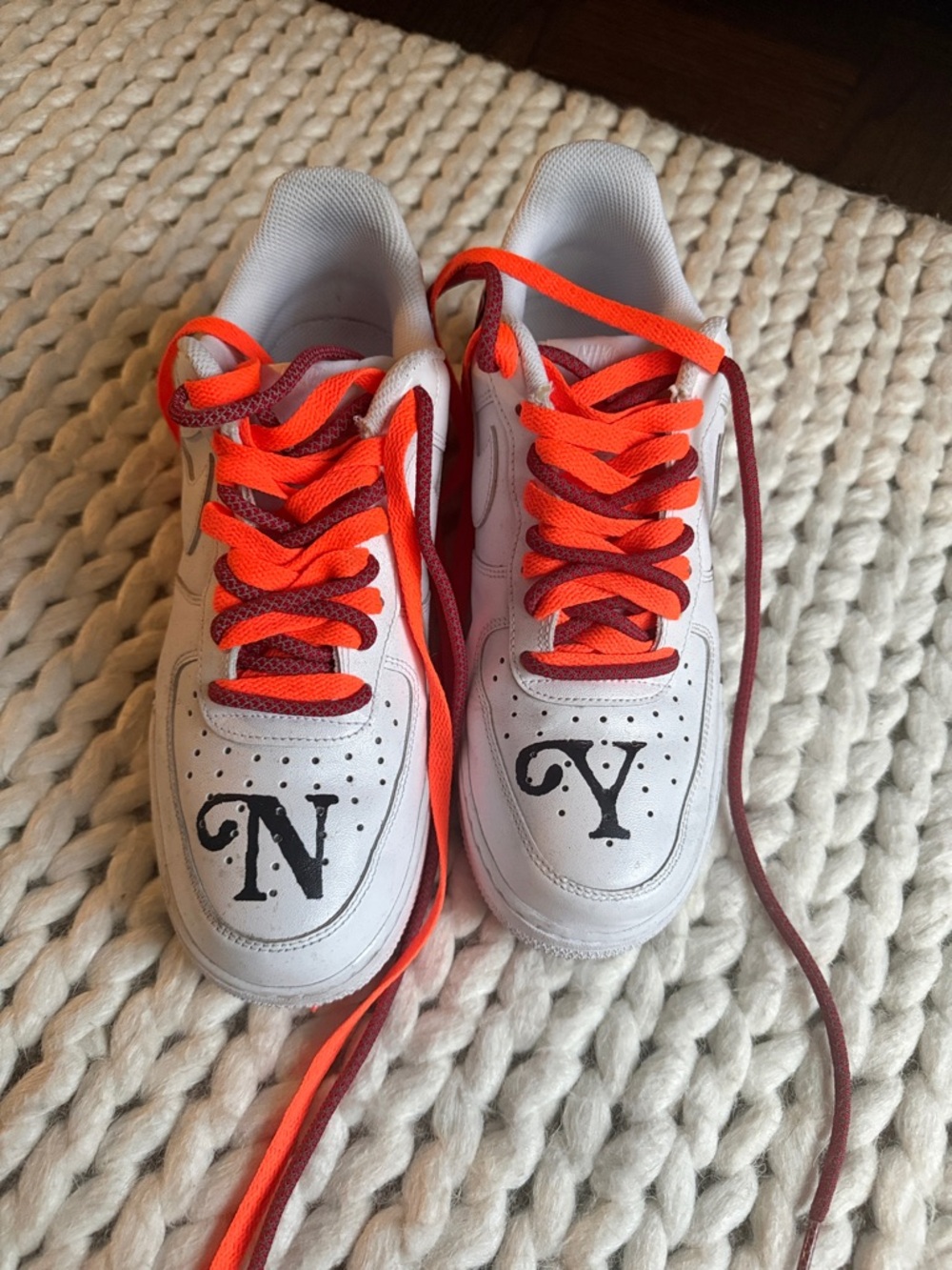White New York Sneakers with Bright Orange & Burgundy Laces custom done